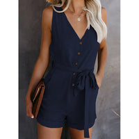 Women Playsuit Summer V Neck Sleeveless Button Belt Bow Casual Jumpsuit Solid Romper Elegant Tunic Short Overalls