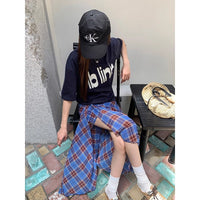 Summer New Arrival Pearl Chiffon Skirt, Asymmetrical Blue Plaid