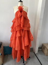 Three-dimensional Floral Halter-neck Backless Ruffled Maxi Dress