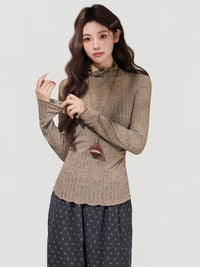 Women's Brown Semi-high Neck Ruffled Waist-cinching Long-sleeved Base Shirt