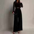 Womens Lace-Panel Long-Sleeve Wide-Leg Jumpsuit