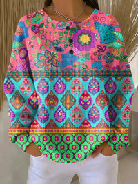 Womens Printed Three-Button Stand-Up Collar Sweatshirt Top