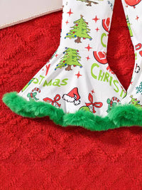 Girls' Christmas Party Dress-up Printed Burr Flared Suspender Pants