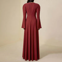 Round-neck Long-sleeve Minimalist Red Maxi Dress With A Fitted Waist And Panel Detailing