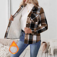 Woolen Woven Plaid Button Shirt Collar Jacket Top