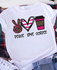 Peace Love Coffee Print Short Sleeved Round Neck T Shirt