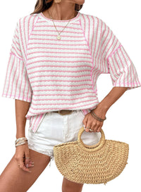Casual Loose-fit Striped Crewneck Color-block Short-sleeve T-shirt