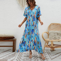 Printed High-Waisted Loose Fit Swing Dress With Short Sleeves For Women