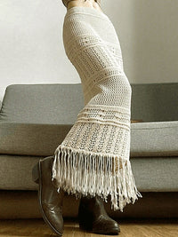 Womens Knitted Skirt With Hollowed-Out Design Tassel Trim And Solid Color