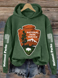 Womens Hooded Sweatshirt With A Forest And Mountain Peaks Design