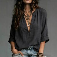 Short-sleeve Thin V-neck Pullover Shirt Loose-fit Womens Blouse