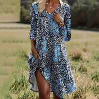 Womens Fashion V-Neck Printed Long-Sleeve Petite Floral Dress