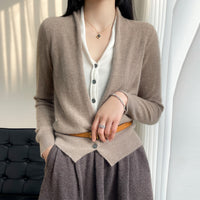 Pure Wool Women's Spring And Autumn V-neck Stitching Coat Knitted Top