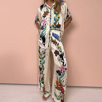 Womens Fashion Printed Color-block Top And Pants Set