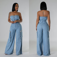 Casual And Fashionable Off-shoulder Jumpsuit For Women Slim-fit Denim Overalls