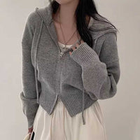 Double Zipper Loose Casual Long Sleeves Hooded Sweater Coat
