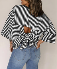 Womens Crew-Neck Striped Knitted Top With Back Tie Bow