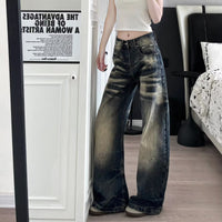 American-style Vintage Washed And Distressed Straight-leg Jeans