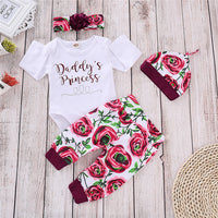 Long Sleeve Letter Print Romper Flower Bandana Hat Four-piece Set