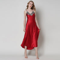 Faux silk lace sexy V-neck long suspender nightdress