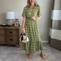 V-Neck Fashionable Elegant Stretch Waistline Polka-Dot Printed Maxi Dress