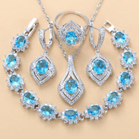 Inlaid Gemstone Pendant Earrings Necklace And Ring For Women 4 PCs Set