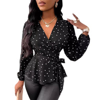 Women's V-neck Heart Shape Printed Cross Collar Drawstring Shirt