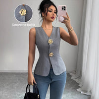 Sleeveless Rose Button Slim Vest Elegant Commute