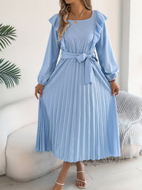 Women's Elegant Ruffle Trim Square Neck Long Sleeve Tie Waist Pleated Dress