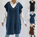 Preppy Style Casual Vest Dress V-neck Beaded Loose