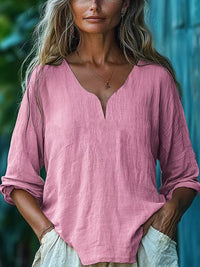 Womens Casual Loose Fashion Cotton-Linen Long-Sleeve V-Neck Solid Color Top