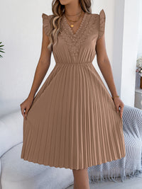 Casual Lace V-neck Ruffled-waist Pleated Dress