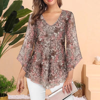 Women's Floral Print V-neck Chiffon Long Sleeve Top