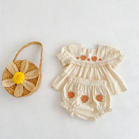 Summer Baby Flower Embroidered Short-sleeved Shirt Shorts Suit