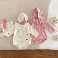 Ruffled Collar Bottom-covering Rompers Newborn 0-2 Years Old Cherry Print Long Sleeve Jumpsuit