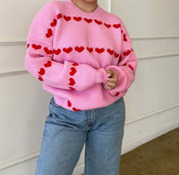 Sweet Cute Love Heart Two-tone Jacquard Contrast Color Round Neck Long Sleeve Sweater