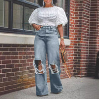 Womens Distressed Ripped Straight-Leg Washed Denim Jeans