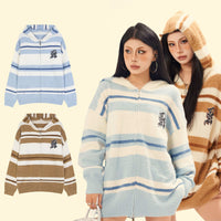 American Patch Letter Stripes Mohair Cardigan Hoodie