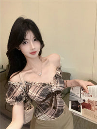 Plaid Puff Short Sleeve Blouse With Lace Trim For Women