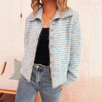 Commute Slim-fit Knitted Coat Polo Collar Stripes Contrast Color Single-breasted Sweater