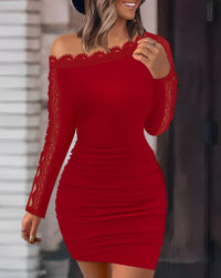 Solid-color Lace-panel Off-the-shoulder Bodycon Sexy Long-sleeve Dress