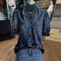 Printed Ruffle-Sleeve V-Neck Pullover Shirt