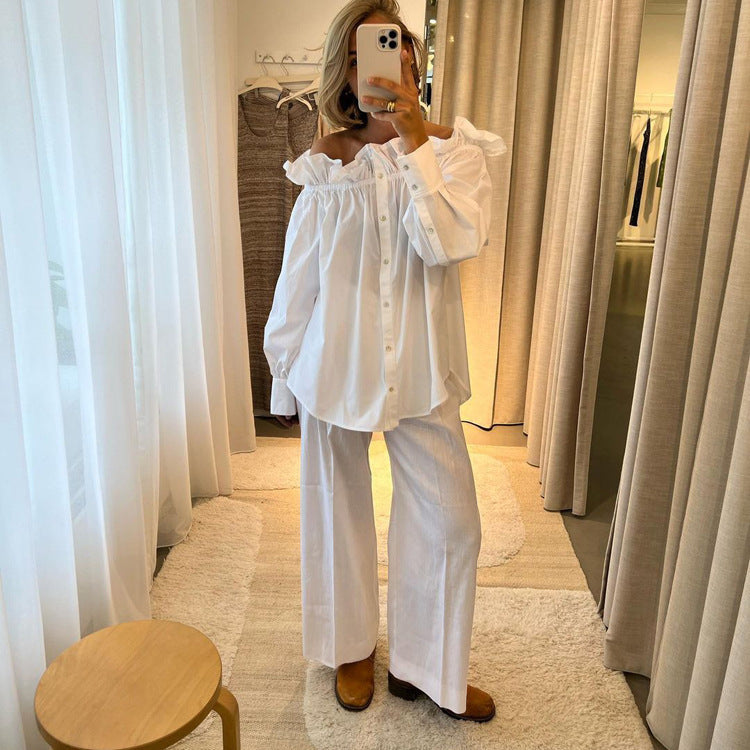 Ruffled Off-shoulder Cardigan White Shirt Loose Wide Leg Pants Suit