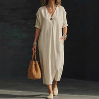 Women's V-neck Single-button Short-sleeve Dress