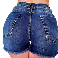 High-waisted dark blue hot pants with frayed edges