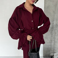 Niche V-neck Lace-up Solid Color Flare Sleeve Shirt Top