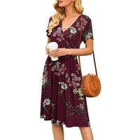 Womens Short-Sleeve Printed Pocket Mid-Length Cinched Dress