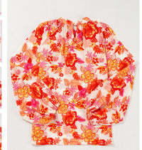 Orange Floral Print Pearl Button Keyhole Long Puff Sleeve Blouse