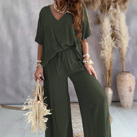 V-neck Batwing-sleeve Top And Loose Wide-leg Pants Solid-color Casual Womens Set