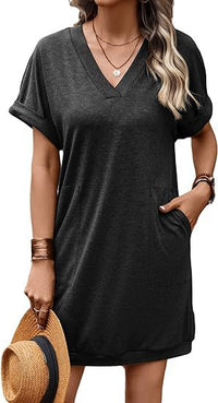 Summer New Style Casual V-Neck Pocket Short-Sleeve Womens Dress